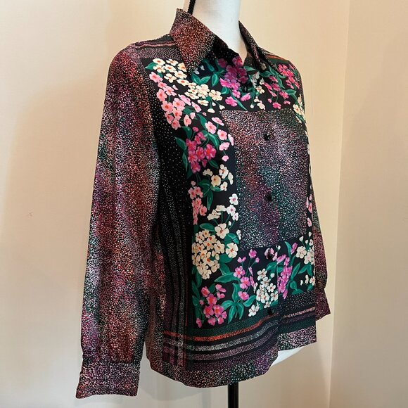 Vintage Black Vivid Floral Print Polyester Blouse by Personal Leslie Fay Size 12 - Picture 2 of 7